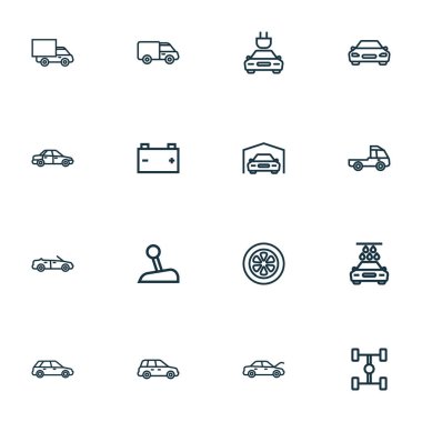 Minibüs, otomobil, kravat ve diğer akümülatör unsurlarıyla araba simgeleri çizimi. İzole edilmiş resimli araba simgeleri.