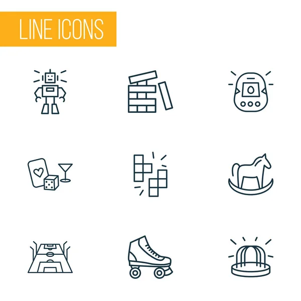 Hobby icons line style set with ride on horse toy, robot toy, tetris and other game elements. Isolated illustration hobby icons.