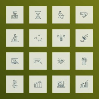 Para, grafik ve diğer ödeme unsurları ile ticaret simgeleri çizgisi biçimi belirlendi. İzole edilmiş illüstrasyon ticaret simgeleri.