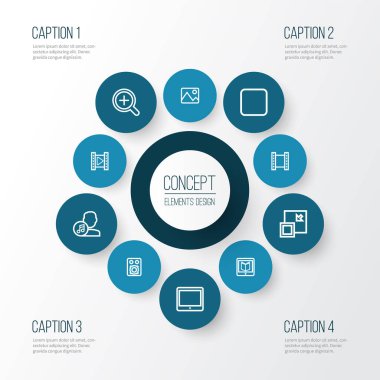 Çokluortam simgeleri satır biçimi en aza indirgenmiş, durdurulmuş, resim ve diğer düzenleyici elementlerle ayarlandı. İzole edilmiş illüstrasyon multimedya simgeleri.