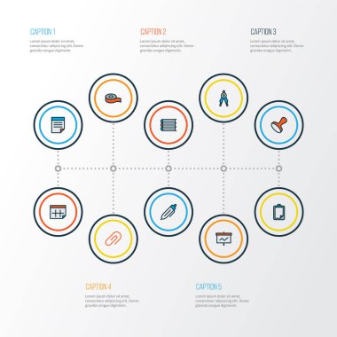 Kırtasiye simgeleri çizim pusula, kitap, ataç ve diğer kağıt elemanları ile renklendirilmiş satır. İzole edilmiş illüstrasyon kırtasiye simgeleri.