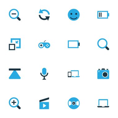 Müzik simgeleri resim aletleri, vinil, cihaz ve diğer dizüstü bilgisayar elemanlarıyla renklendirildi. İzole müzik simgeleri.