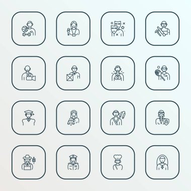 Çiftçi kadın, tenisçi, şef ve diğer zanaatkar unsurlarla iş ikonu çizimi. İzole vektör çizim simgeleri.