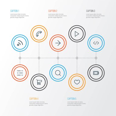 Arayüz simgeleri satır biçimi etiket, alışveriş, istatistik ve diğer arama ögeleri ile ayarlandı. İzole vektör illüstrasyon arayüzü simgeleri.