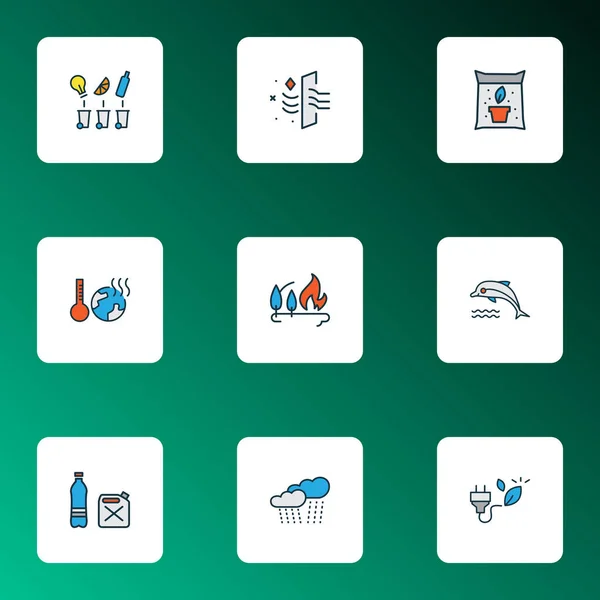 Icone ambientali linea colorata con riscaldamento globale, fertilizzante, pioggia e altri elementi autunnali. Isolato vettoriale illustrazione ambiente icone . — Vettoriale Stock