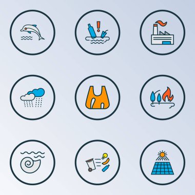 Ekoloji simgeleri su kirliliği, deniz kabuğu, orman yangını ve diğer yumuşakça elementlerle renklendiriliyor. İzole edilmiş illüstrasyon ekoloji simgeleri.