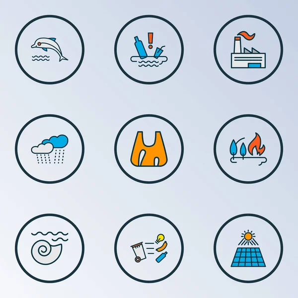 Ekoloji simgeleri su kirliliği, deniz kabuğu, orman yangını ve diğer yumuşakça elementlerle renklendiriliyor. İzole edilmiş illüstrasyon ekoloji simgeleri.