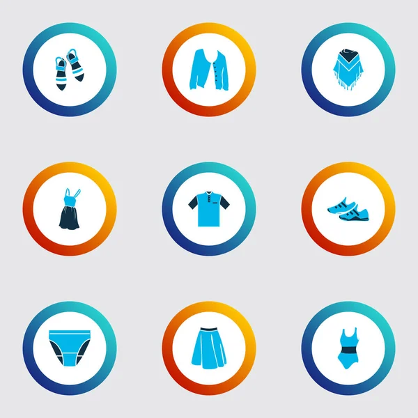Giysileri, sandaletleri, iç çamaşırı unsurları olan modaya uygun simgeler. İzole edilmiş illüstrasyon moda simgeleri.