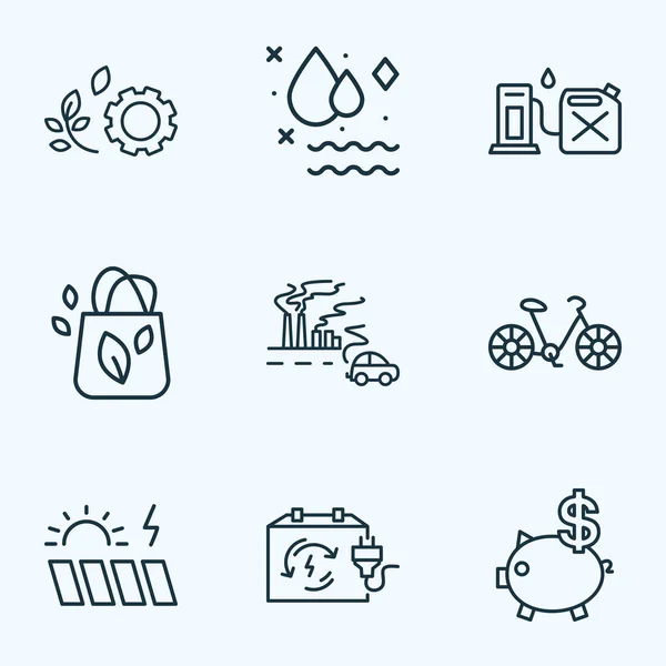 Ecology icons line style set with rechargeable box, green technology, air pollution and other power elements. Isolated vector illustration ecology icons. — Stock Vector