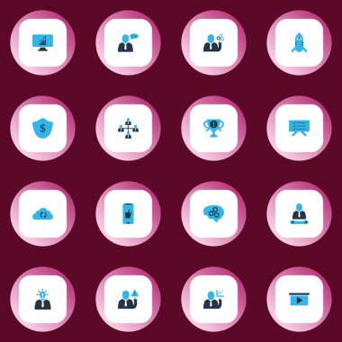 Bulut senkronizasyonu, takım lideri, takım iletişimi ve diğer ekonomik unsurlarla renklendirilmiş çalışma simgeleri. İzole edilmiş resimleme çalışma simgeleri.