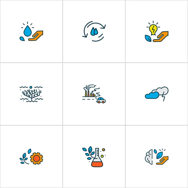 Environment icons colored line set with green technology, coral reefs, air pollution and other care elements. Isolated illustration environment icons. — Stock Photo, Image