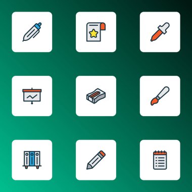 Kırtasiye simgeleri fırça, liste, kalem ve diğer kitaplık ögeleri ile renklendirilmiş satır. İzole vektör illüstrasyon kırtasiyesi simgeleri.