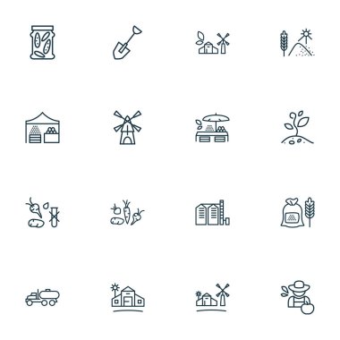 Çiftçilik sembolleri kürek, katkı maddesi içermeyen, çiftlik ve diğer korunmuş elementlerle oluşturulmuştur. İzole edilmiş illüstrasyon tarım simgeleri.