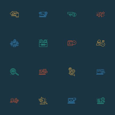 SEO paketi, tüm gün desteği, SEO rehberi ve diğer istihbarat unsurlarıyla optimizasyon simgeleri çizimi. İzole illüstrasyon optimizasyon simgeleri.