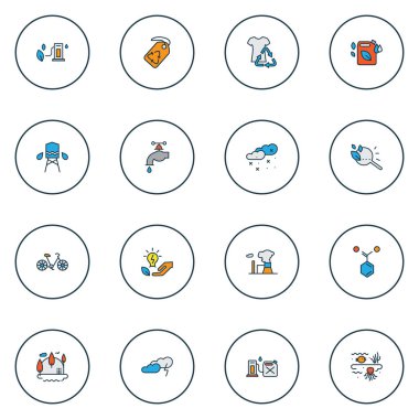 Çevre simgeleri gaz tenekesi, su vinci, giysi ve diğer hava kirliliği elementleriyle renklendirildi. İzole edilmiş illüstrasyon ortam simgeleri.