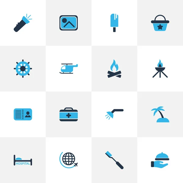 Iconos de viaje de color conjunto con vuelo, arena con palma, hospital elementos de aviación internacional. Iconos de viaje de ilustración vectorial aislado . — Vector de stock