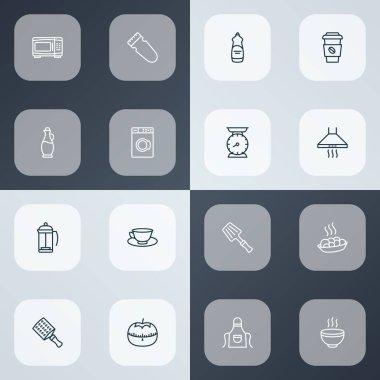 Gastronomi ikonlarının el rendesi, sıcak çorba, kahve sürahisi elementleri ile oluşturulmuş çizgileri. İzole vektör çizimi gastronomi simgeleri.