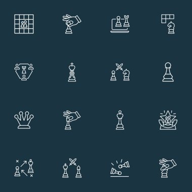 Oyun simgeleri çizgisi stili çevrimiçi satranç, elle at, strateji koronası. İzole edilmiş illüstrasyon oyun simgeleri.