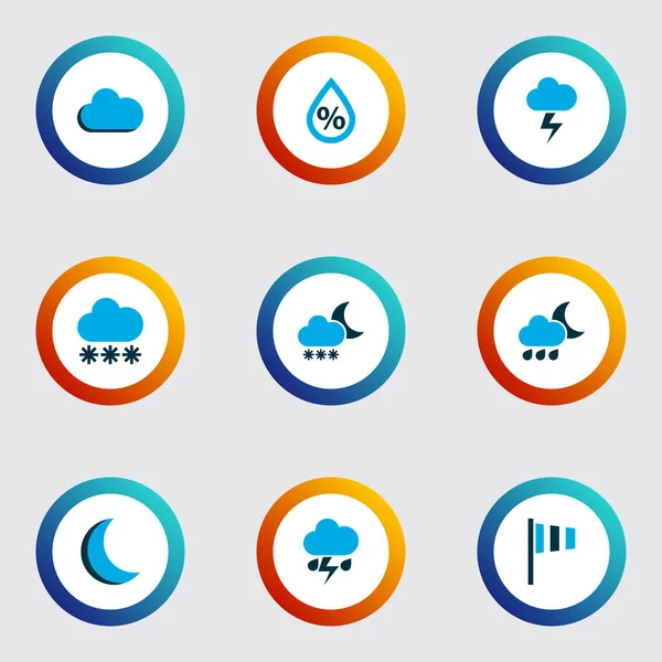 Clima icone colorate con neve, nevicate, luna e altri elementi temporaleschi. Isolato illustrazione icone del clima. — Foto Stock