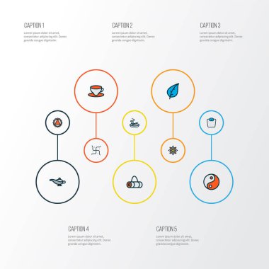 Meditasyon simgeleri, terazi, yoga çantası, bir fincan çay ve diğer ağırlık elementleriyle birlikte ayarlandı. İzole edilmiş illüstrasyon meditasyon simgeleri.