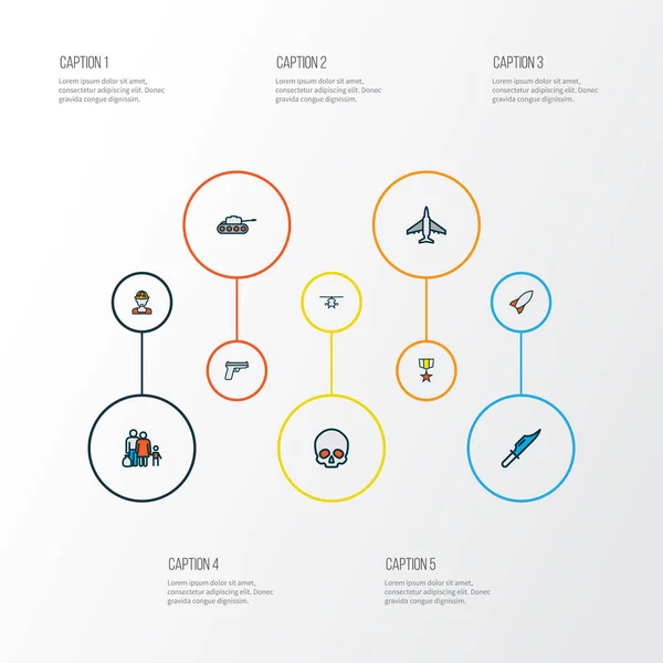 Battle icons colored line set with medal, military rocket, tank and other fugitive elements. Isolated illustration battle icons.