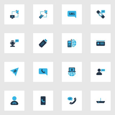 İletişim simgeleri ağ ile renklendirilmiş, akıllı saat bildirimi, bilgisayarlı uydu ve diğer yardım hattı elemanları. İzole vektör illüstrasyon iletişim simgeleri.