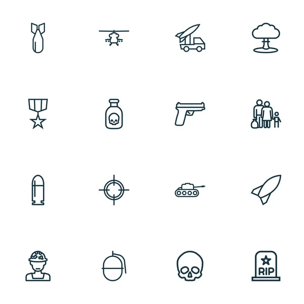 Style de ligne d'icônes de l'armée avec artillerie, fusée, médaille et autres éléments cibles. Illustration vectorielle isolée icônes armée. — Image vectorielle