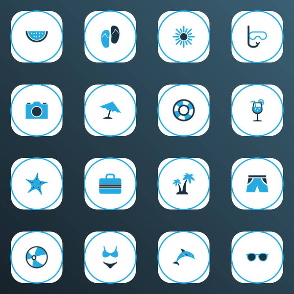 Цветные летние иконы с зонтиком, деревьями, лимонадом и другими элементами морской звезды. Изолированные векторные иконки лета
.