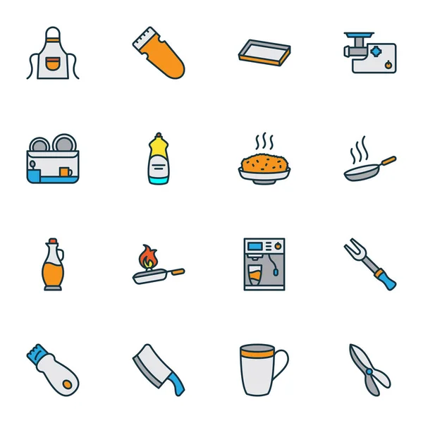 Iconos de cocina línea de colores con tijeras de cocina, sartén caliente, tenedor de barbacoa y otros elementos de la casa. Iconos de cocina de ilustración vectorial aislado . — Archivo Imágenes Vectoriales