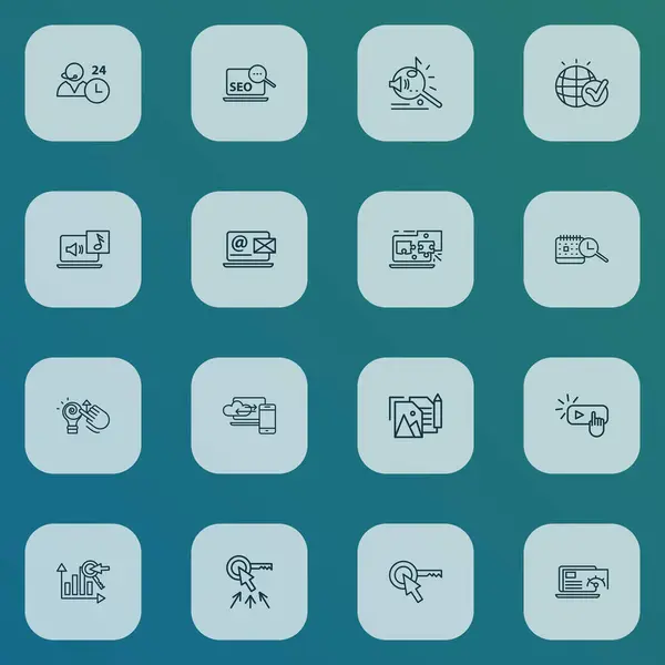 Suchsymbole linieren den Stil mit kreativer Idee, Cloud Computing, Suchzeitplan und anderen Melodieelementen. Isolierte Icons zur Illustrationssuche. — Stockfoto