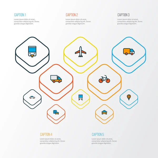 Iconos de transporte línea de color conjunto con avión, monorraíl, furgoneta y otros elementos de la aeronave. Iconos de transporte de ilustración aislada . —  Fotos de Stock