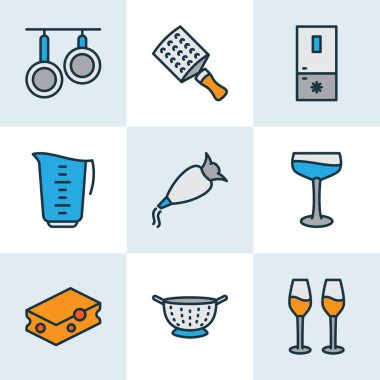 Şarap kadehleri, dondurucu, çırpılmış krem kil ve diğer kurutucu elementlerle birlikte gastronomi simgeleri. İzole vektör çizimi gastronomi simgeleri.