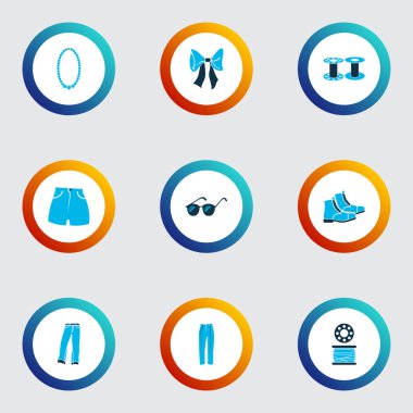 Klasik pantolon, kot pantolon, yüksek bel şort ve diğer bot elementleriyle renklendirilmiş simgeler. İzole vektör illüstrasyon biçimi simgeleri.