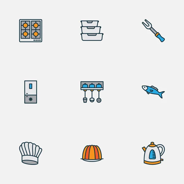 Cook icons colored line set with food containers, barbecue fork, stove and other fridge elements. Isolated illustration cook icons.