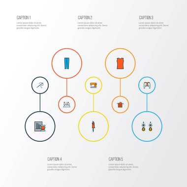 Moda simgeleri iğne, iğne seti, dikiş makinesi ve diğer giysi unsurlarıyla renklendirilmiş. İzole vektör illüstrasyon moda simgeleri.