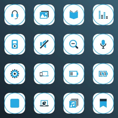 Düşük batarya, resim, uzaklaşma ve diğer aygıt elemanlarına sahip çoklu ortam simgeleri. İzole vektör illüstrasyon multimedya simgeleri.