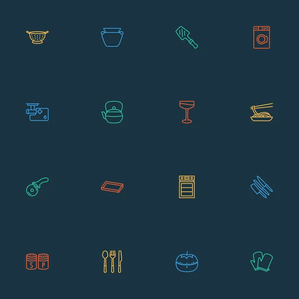 Conjunto de iconos de cocina estilo línea con lavadora, sal con pimienta, picadora de carne y otros elementos salitreros. Iconos de cocina ilustración aislada . — Foto de Stock