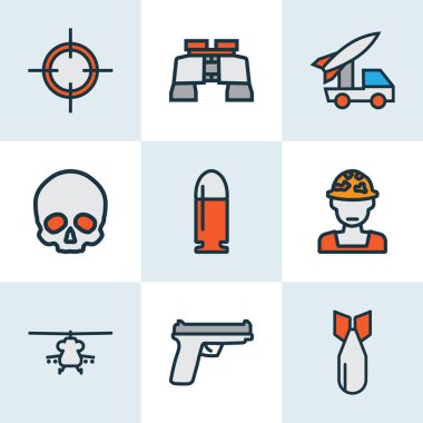 Ordu simgeleri, keskin nişancı hedefi, topçu, silah ve diğer kafatası elementleriyle aynı hizada. İzole vektör illüstrasyon ordu simgeleri.