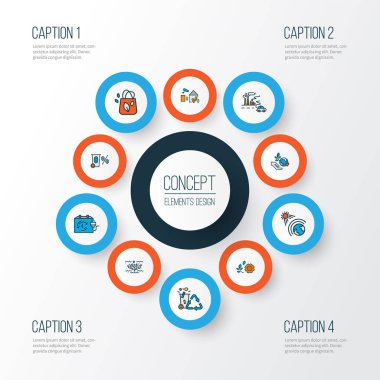 Çevre simgeleri sıfır atık, geri dönüşüm, Batman ve diğer yenilenebilir elementlerle renklendirildi. İzole vektör illüstrasyon ortamı simgeleri.