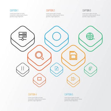 Ortam simgeleri satır biçimi kayıt, arama, hızlı ileri ve diğer sonraki ögeler ile ayarlandı. İzole vektör illüstrasyon ortam simgeleri.