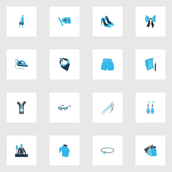 Iconos de diseño de moda de color conjunto con aguja, zapatos de bomba, muestras de material y otros elementos de gafas. Iconos de diseño de moda de ilustración vectorial aislado . — Archivo Imágenes Vectoriales