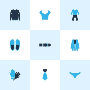 Kravat, hırka, eldiven ve diğer askı elementleriyle renklendirilmiş ikonlar. İzole edilmiş illüstrasyon elbise simgeleri.