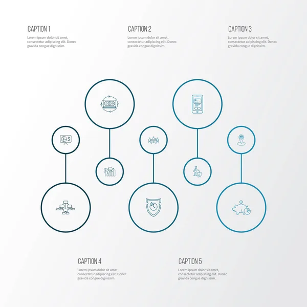 Icone finanziarie stile linea impostato con il mercato del toro, assicurazione di investimento, posizione della banca e altri elementi del grafico. Isolato illustrazione icone finanziarie. — Foto Stock