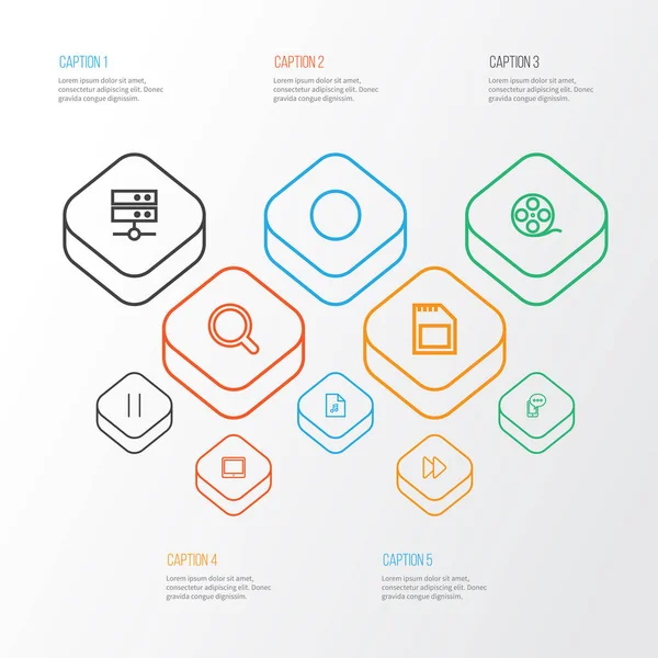 미디어 아이콘 라인 스타일은 레코드, 검색, 빠른 진행 및 기타 요소들로 구성된다. 독자적 인 삽화 미디어 아이콘. — 스톡 사진