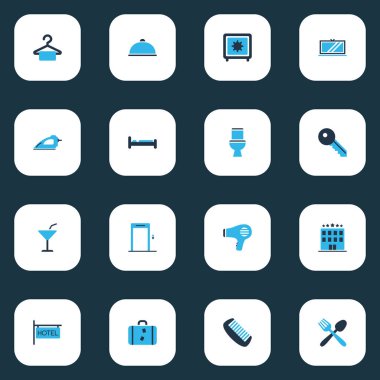 Asansör, yemek, kasa ve diğer tepsi elementleriyle bezenmiş otel simgeleri. İzole vektör illüstrasyon otel simgeleri.