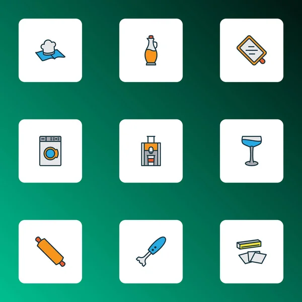 Iconos de cocina línea de colores con tabla de cortar, vidrio de aceite de oliva, exprimidor y otros elementos de papel de aluminio. Iconos de cocina de ilustración vectorial aislado . — Archivo Imágenes Vectoriales