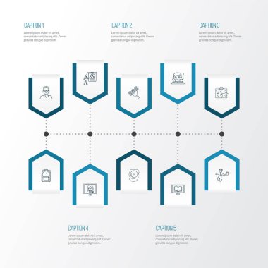 Eğitim simgeleri çizgi biçimi sunum, uzaklık eğilim, çevrimiçi okuma ve diğer eğitim unsurları ile ayarlanır. İzole edilmiş illüstrasyon eğitim simgeleri.