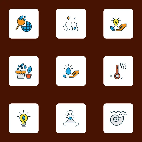 Linea Eco icons colorata con termometro, piante in vaso, aria fresca e altri elementi in vaso. Isolato illustrazione eco icone. — Foto Stock