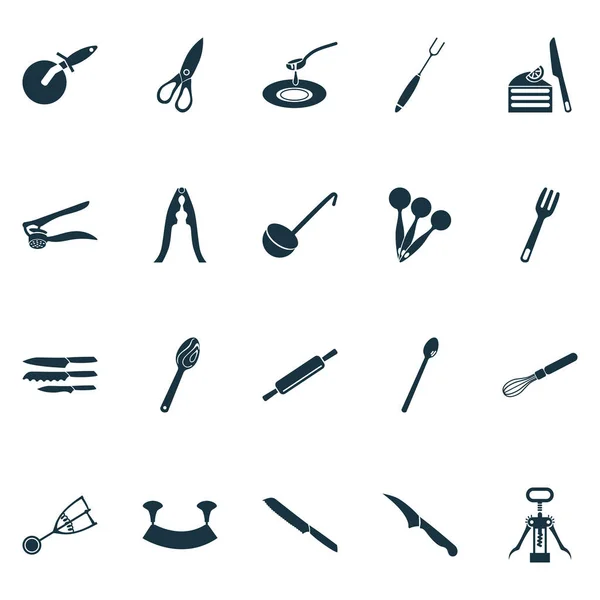 Keukengerei iconen set met blad, houten lepel, servies en andere ijs primeur elementen. Geïsoleerde illustratie keukengerei iconen. — Stockfoto