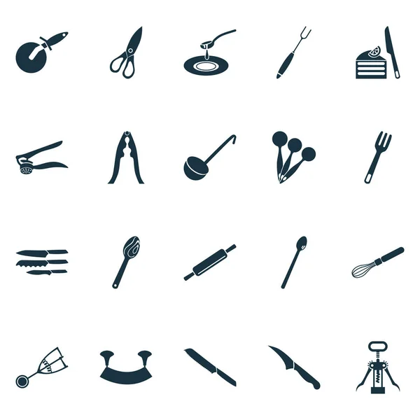 Keukengerei iconen set met blad, houten lepel, servies en andere ijs primeur elementen. Geïsoleerde vector illustratie keukengerei pictogrammen. — Stockvector